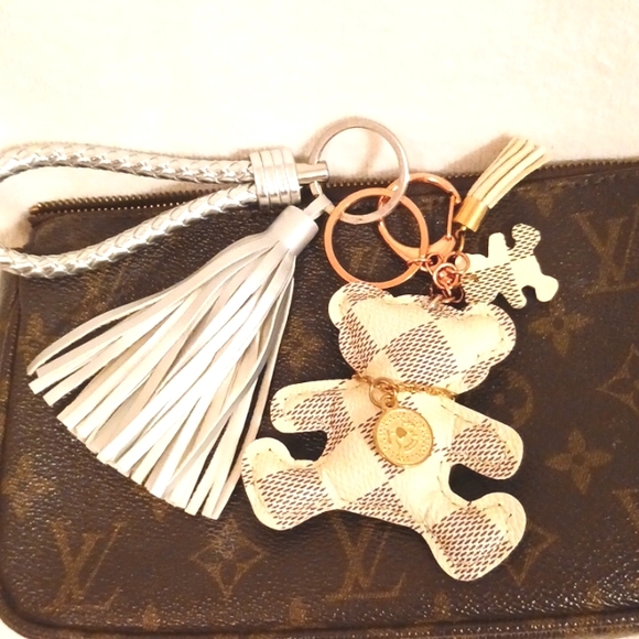Bag Charm Keychain TEDDY BEAR Damier Azur Handmade with Charms & Tassel - Picture 1 of 11